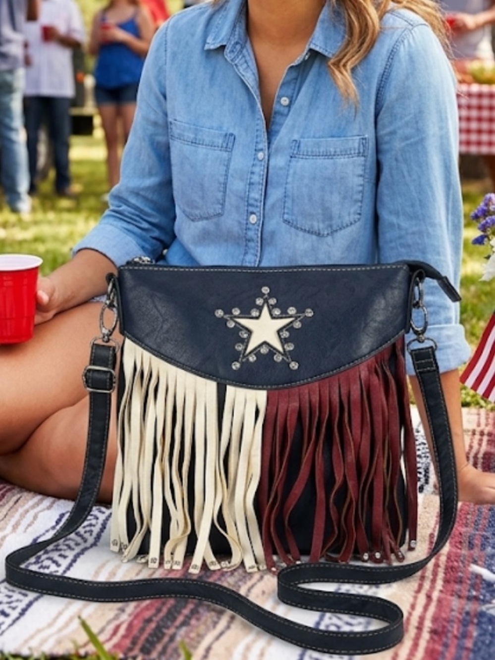 Patriotic Fringed Star Studded Vegan Boutique Crossbody Bag Navy Cream Deep Red